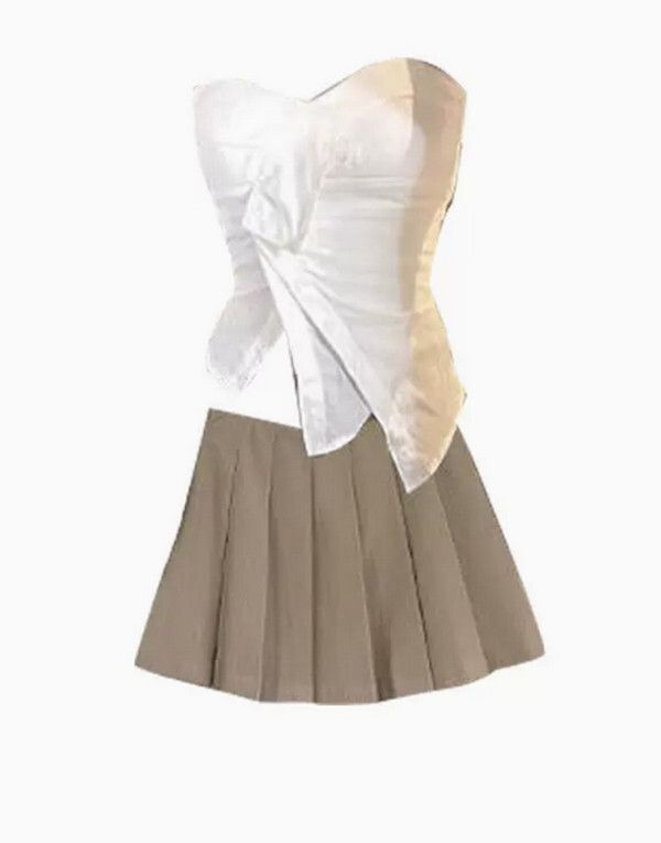 甜辣兩件套-白色上衣+咖色百褶裙(M-4XL碼) (下單後聯系客服確認尺碼) #F105034376