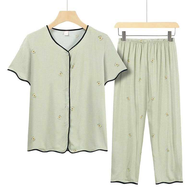 中老年媽媽短袖套裝(XL-4XL碼 秋香綠小花）【下單後請聯絡客服確認發貨尺碼】F001099348