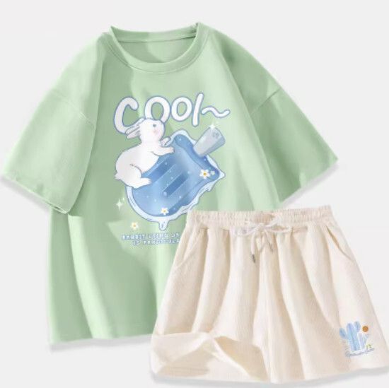 純棉短袖t恤兩件套【果綠色（冰棒兔）+奶白褲】【S-XL碼】（下單後請聯絡客服確認發貨尺碼）#K011002548
