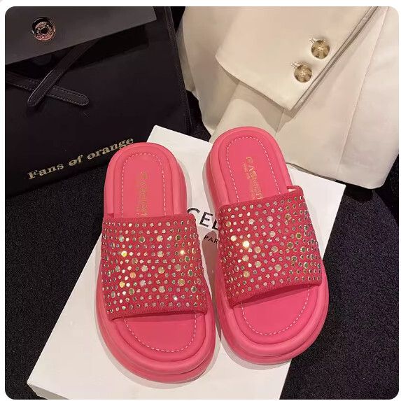 水鑽一字帶露趾拖鞋女（粉色【35_39碼】(下單後聯繫客服確認發貨尺碼）#F281017984
