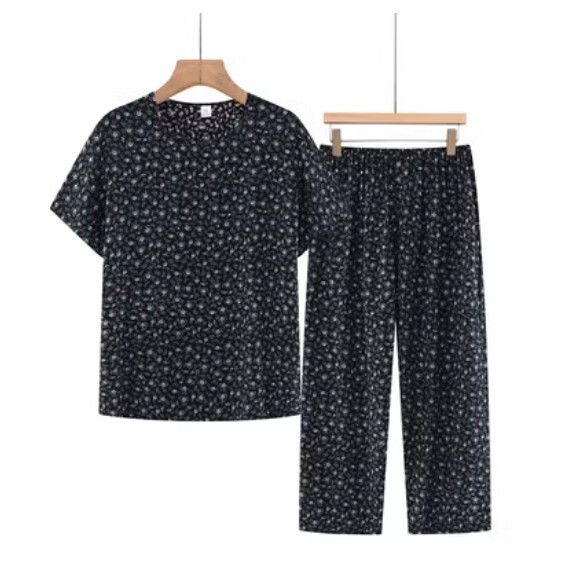 夏季中老年棉麻套裝（墨綠碎花）【尺碼：XL-3XL】【下單後聯絡客服確認發貨尺碼】F203013137