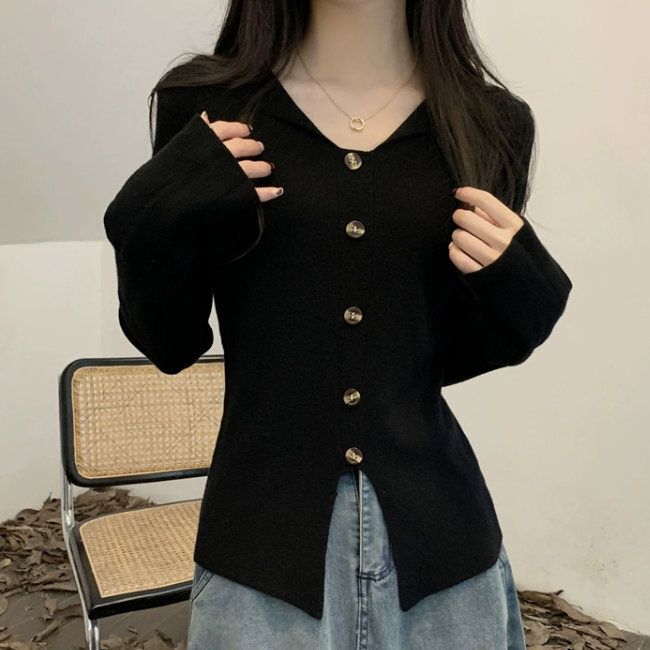 不規則下擺開叉針織衫(均碼)(黑色)#K004008536