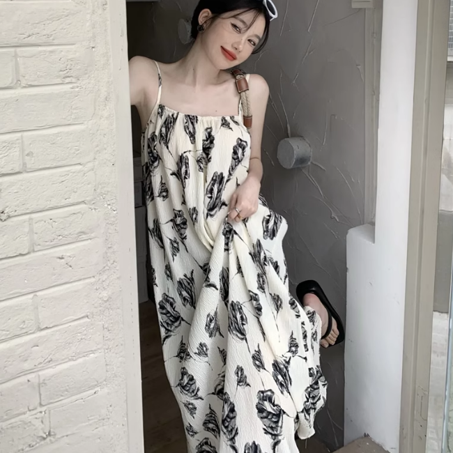 寬鬆過膝吊帶連衣裙（L-4XL）（下單後聯絡客服確認發貨尺碼）#F349001303