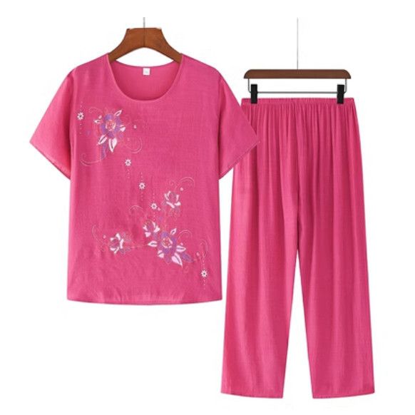 夏季中老年棉麻套裝（紅色）【尺碼：XL-4XL】【下單後聯絡客服確認發貨尺碼】F203013035