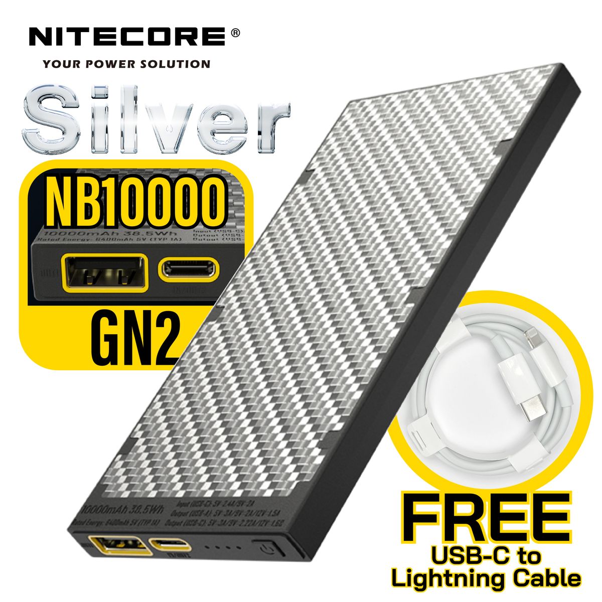 NB10000 GEN2 超輕碳纖+20w PD雙向快充+QC3.0 外置充電器 - 黑銀色 特別版