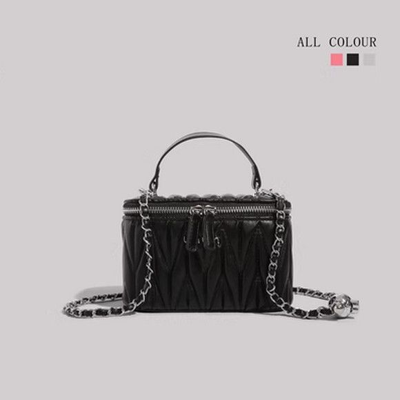 褶皺口紅手提包鏈條單肩斜挎包【黑色】【尺寸：18cm*10cm*12cm】#S078035553