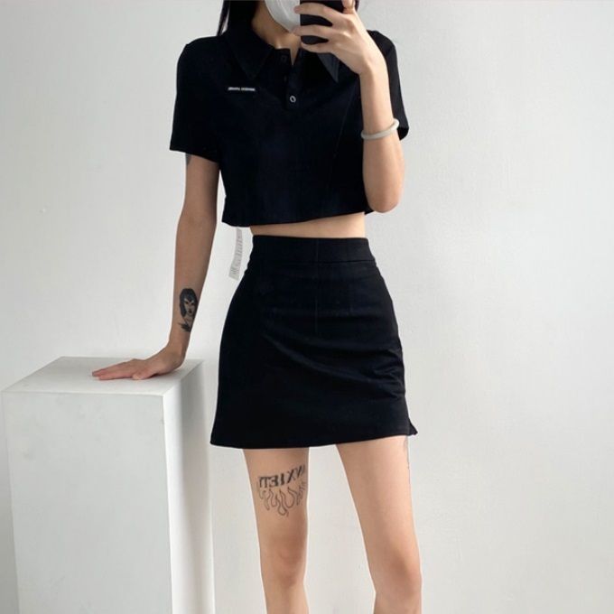 短裙T卹兩件套裝(黑色)(S-L碼)(下單後聯絡客服確認發貨尺碼)