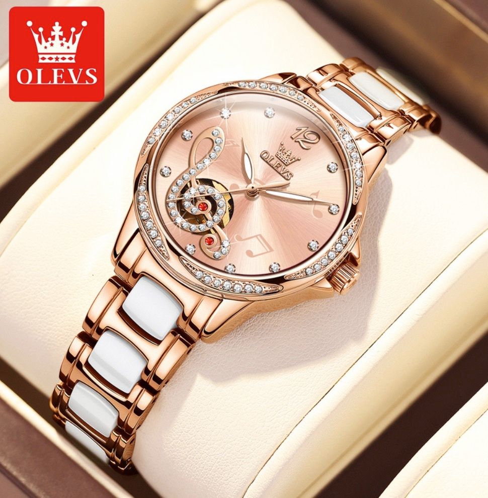 歐利時全自動機械錶女士手錶(陶瓷帶玫殼粉面女）#S057029146