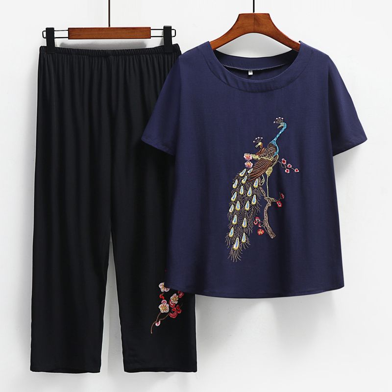 中老年媽媽短袖套裝(XL-4XL碼 藏青色）【下單後請聯絡客服確認發貨尺碼】F001099433