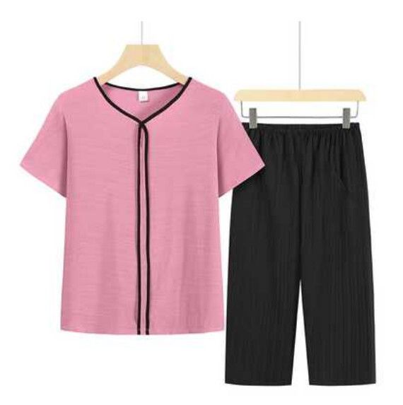 夏季中老年假開衫套裝（粉色）【尺碼：XL-4XL】【下單後聯絡客服確認發貨尺碼】F203013296
