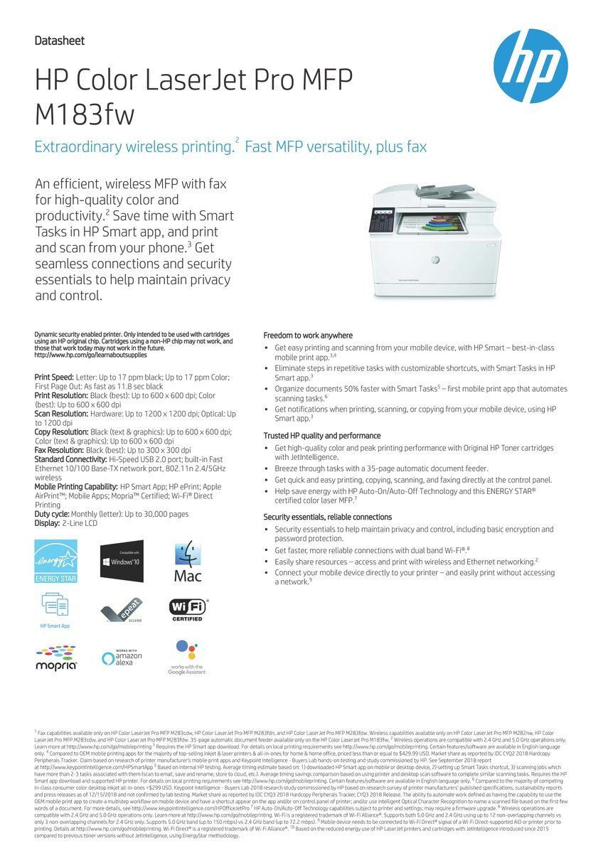 HP Laserjet Pro MFP M183FW All-in-One Wireless Color Laser Printer, Print -  Copy - Scan - Fax, 16ppm, 600x600 dpi, Mobile Printing, 2-line Display,  Auto-On/Off Technology, with DE Printer Cable 