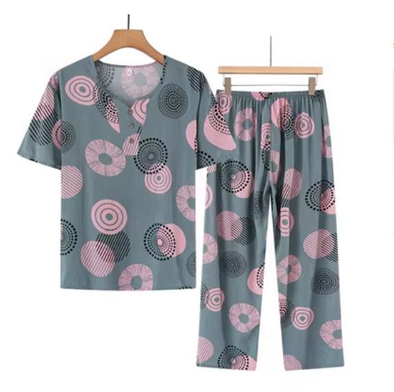 夏季中老年綿綢套裝（淺綠圓圈）【尺碼：XL-4XL】【下單後聯絡客服確認發貨尺碼】F203013238