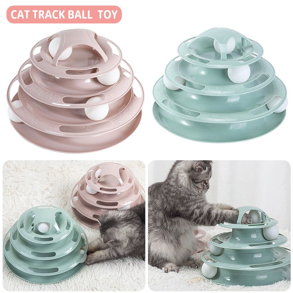 Green Funny Cat Toy Plastic Tower Interactive Track Ball Playing Game 3Levels Pet Toys