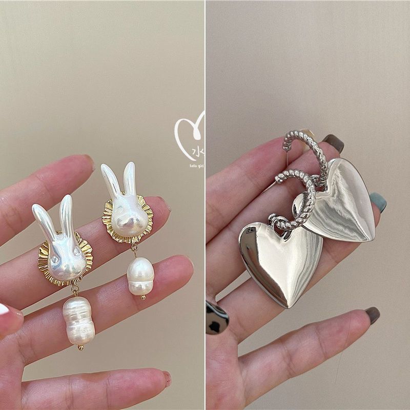 【2對裝】氣質簡約耳環 高級感耳飾(珍珠小兔耳釘+銀色兩戴愛心）#F001104568