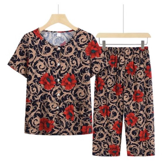 夏季中老年套裝（黑色花朵）【尺碼：XL-4XL】【下單後聯絡客服確認發貨尺碼】F203013340