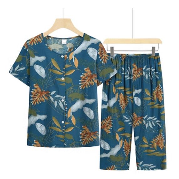 夏季中老年綿綢套裝（深天藍）【尺碼：XL-4XL】【下單後聯絡客服確認發貨尺碼】F203013273