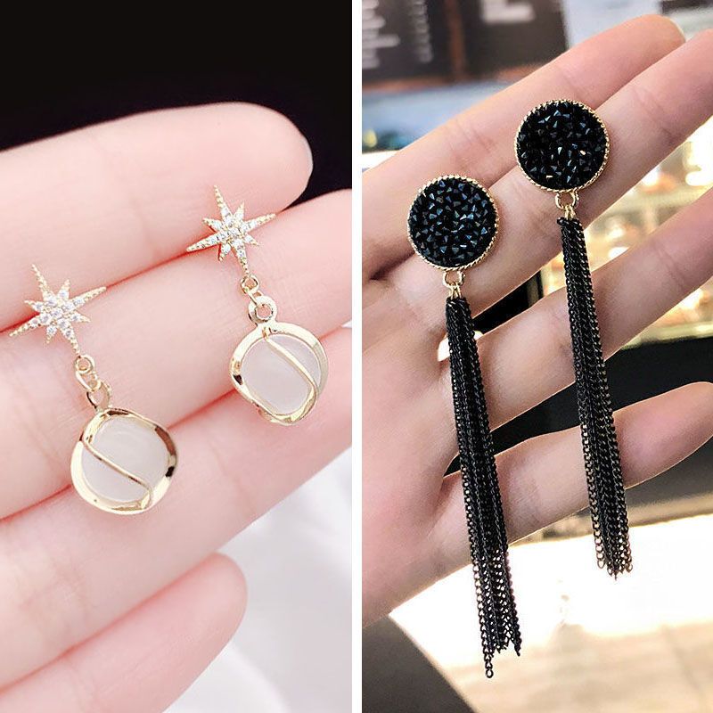 【2對裝】氣質簡約耳環 高級感耳飾(乳白色 主款+黑鑽流蘇款）#F001104492