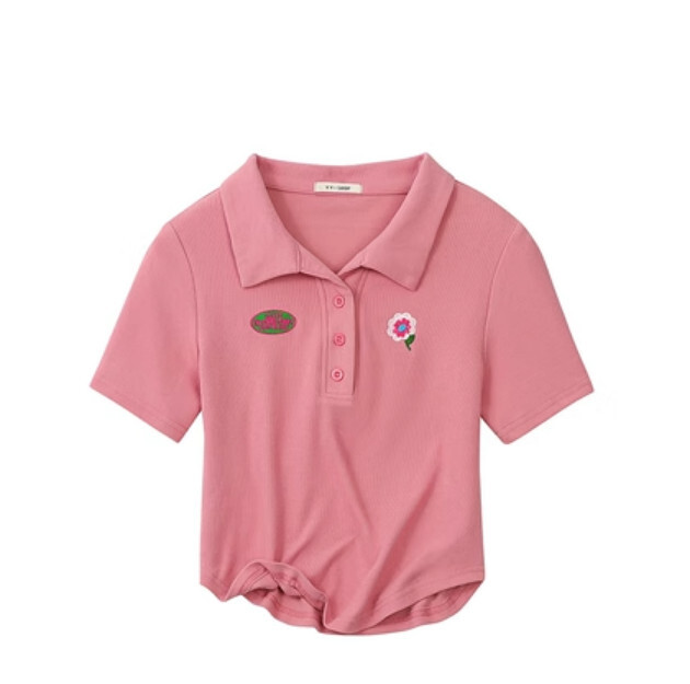 短款短袖T恤刺繡polo領上衣（粉紅色 S-XL碼）(下單後聯絡客服確認發貨尺碼)#F111048206