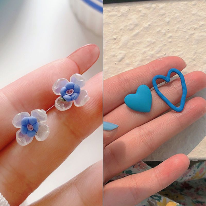 【2對裝】氣質簡約耳環 高級感耳飾(藍色小花朵耳釘+不對稱藍愛心）#F001104539
