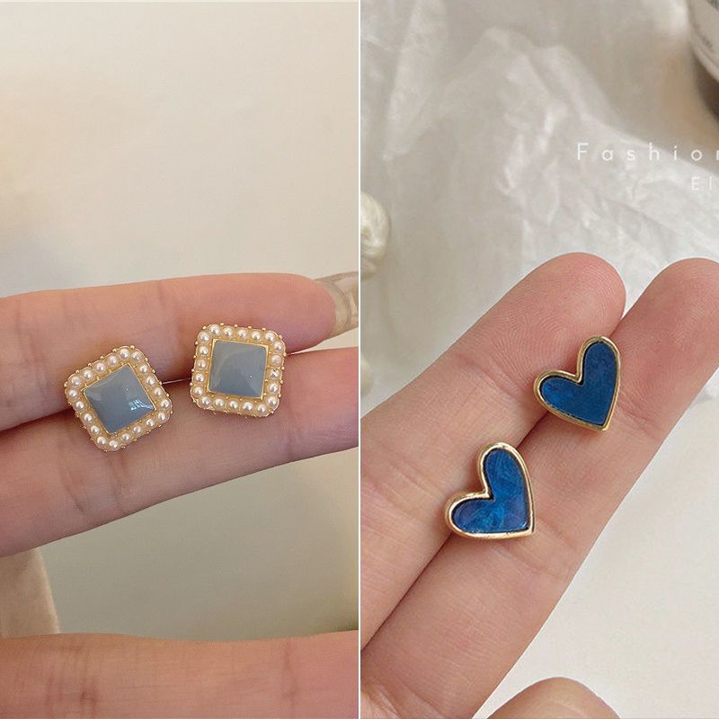 【2對裝】氣質簡約耳環 高級感耳飾(霧霾藍小方塊+藍色小愛心）#F001104546