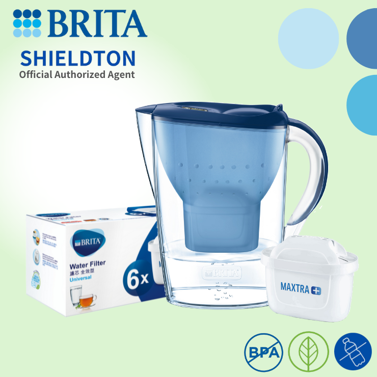 Marella 2.4L water filter jug w/1 + pack of 6 filters (blue)