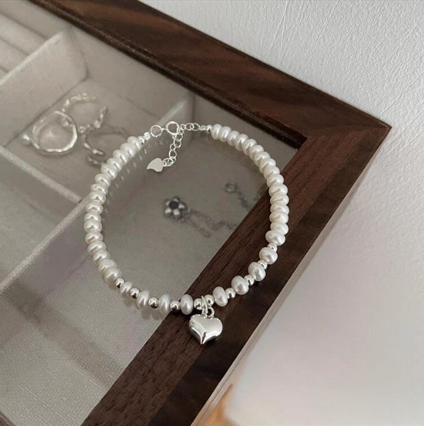 百搭復古淡水珍珠金屬手鏈（愛心）