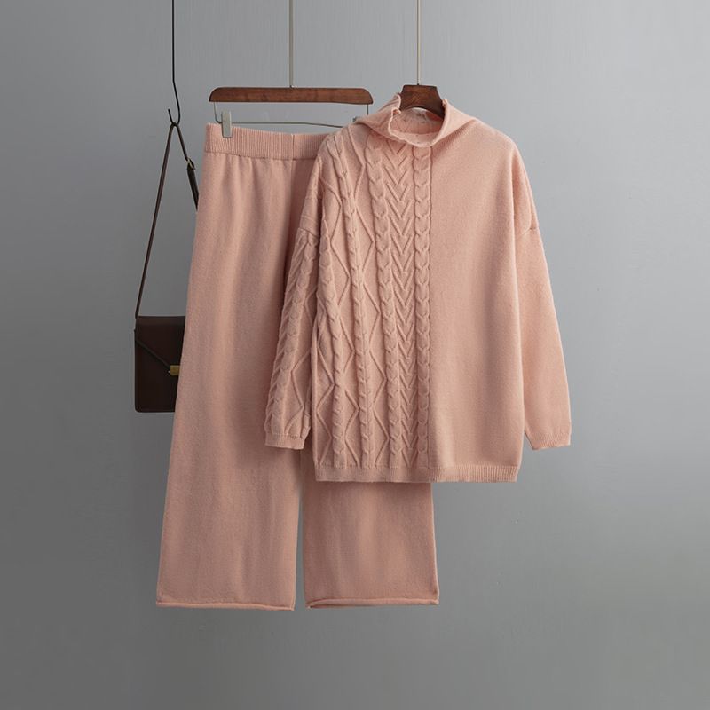 氣質休閒針織毛衣套裝(均碼 上衣+褲子 粉紅色）#F001100144