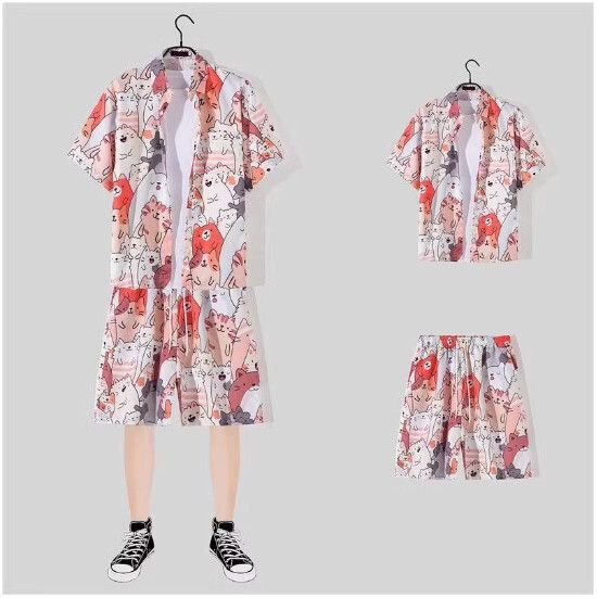 男士沙灘裝冰絲短袖花襯衫套裝【1151粉色一套】(尺碼：M-3XL）【下單後請聯絡客服確認發貨尺碼】#S158036018