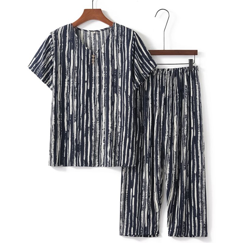 老年人短袖套裝( XL-4XL碼 深藍條紋）【下單後請聯絡客服確認發貨尺碼】F001099120