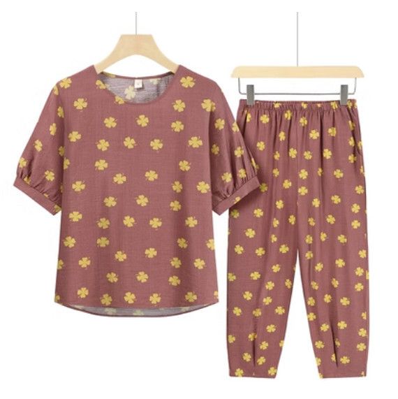 夏季中老年套裝（棕色花朵）【尺碼：XL-3XL】【下單後聯絡客服確認發貨尺碼】F203013184