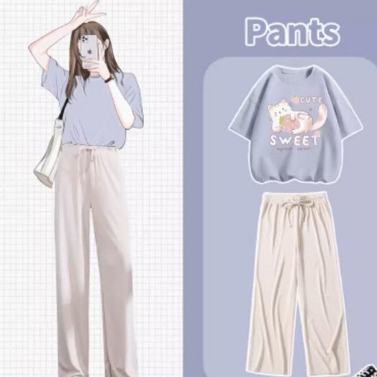 闊腿褲t恤兩件套【淺藍色（草莓貓）+杏褲】【S-XL碼】（下單後請聯絡客服確認發貨尺碼）#K011002482