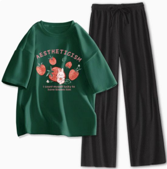 運動休閒套裝【墨綠色（甜莓兔）+黑褲】【S-XL碼】（下單後請聯絡客服確認發貨尺碼）