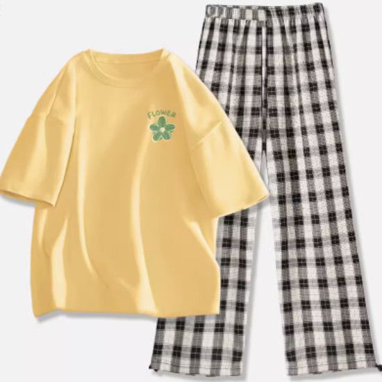 短袖百搭休閒兩件套【鵝黃色（清雅花）+黑白褲】【S-XL碼】（下單後請聯絡客服確認發貨尺碼）#K011002582