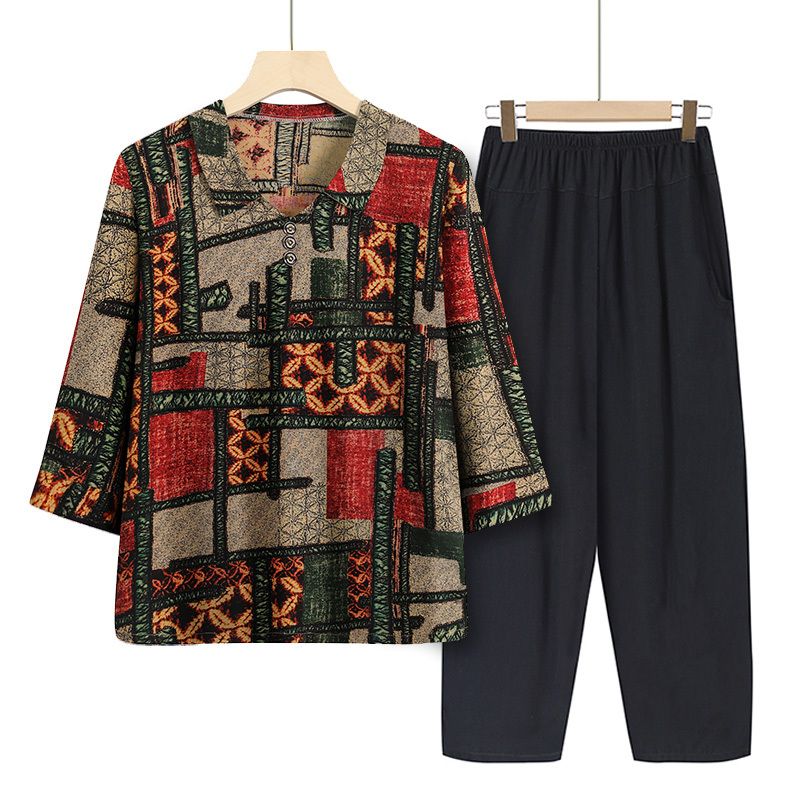 老年人七分袖套裝( XL-6XL碼 方塊綠（套裝））【下單後請聯絡客服確認發貨尺碼】F001099233