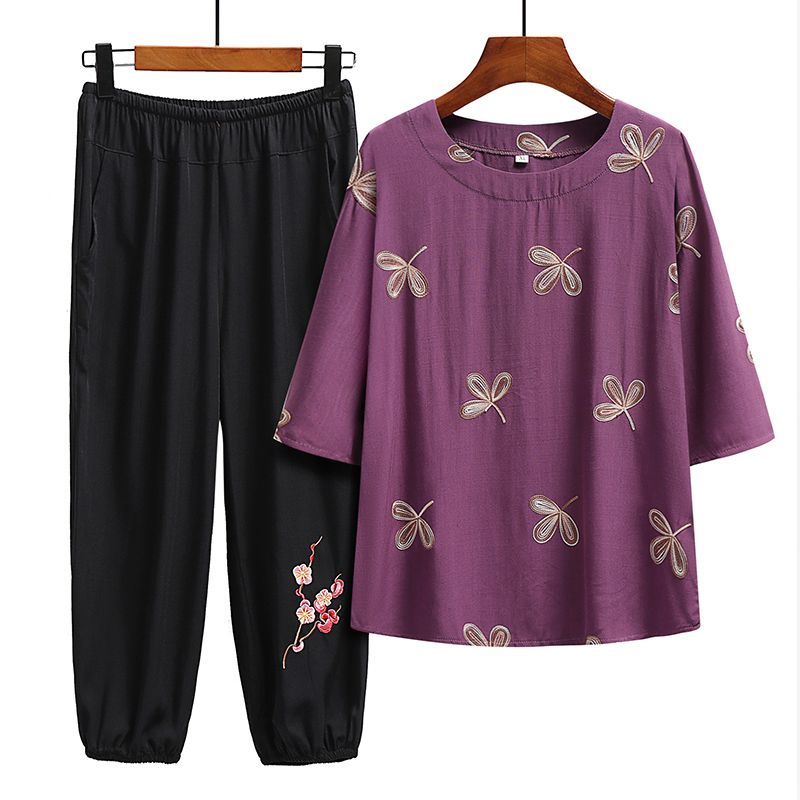 老年人短袖套裝( XL-6XL碼 紫色（套裝））【下單後請聯絡客服確認發貨尺碼】F001099126