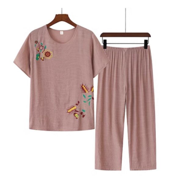 夏季中老年棉麻套裝（粉色）【尺碼：XL-4XL】【下單後聯絡客服確認發貨尺碼】F203013010