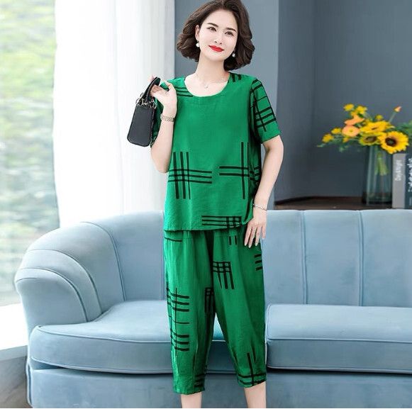 中年媽媽時尚套裝【綠色】 (尺碼：XL-5XL碼) (下單後聯繫客服確認發貨尺碼)#F158027227