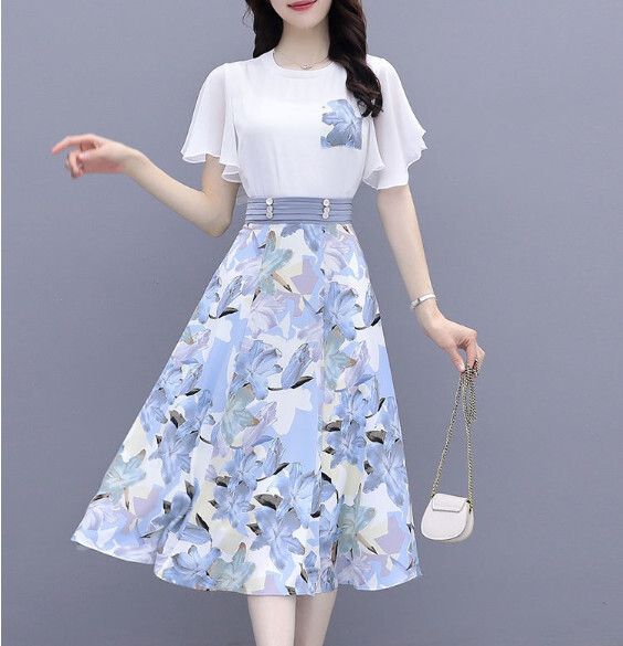 碎花半身裙子套裝【藍色】 (M-2XL碼) (下單後聯繫客服確認尺碼)#F158027102