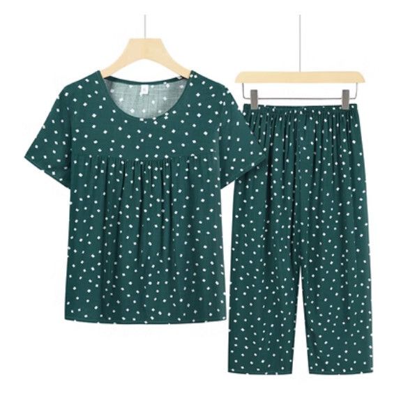 夏季中老年綿綢套裝（綠底小白格）【尺碼：XL-4XL】【下單後聯絡客服確認發貨尺碼】F203013264
