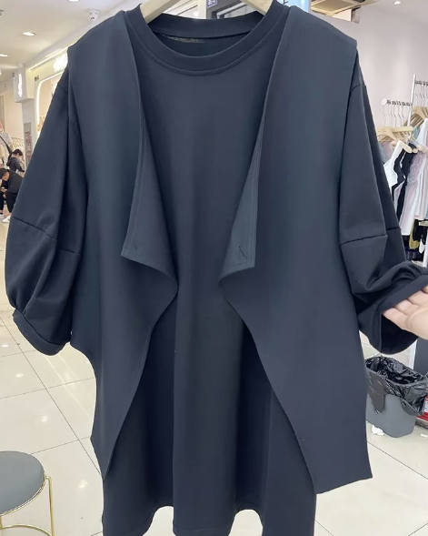 五分袖T恤+馬甲套裝（黑色M-4XL）（下單後聯絡客服確認發貨尺碼）#F349001374