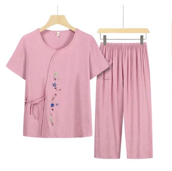 夏季中老年綿綢套裝（桃紅粉227）【尺碼：L-3XL】【下單後聯絡客服確認發貨尺碼】F203013268
