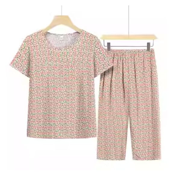 夏季中老年綿綢套裝（卡其碎花）【尺碼：XL-5XL】【下單後聯絡客服確認發貨尺碼】F203013286