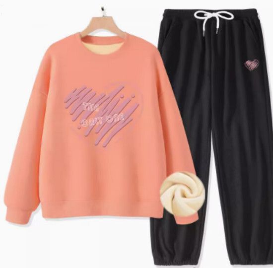 加絨款衛衣褲子兩件套【橘粉色（唯一心）+黑褲】【S-XXL碼】（下單後請聯絡客服確認發貨尺碼）#K011002538