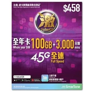 激 【香港】萬能年卡 100GB (80GB + 20GB) 4G 全速數據卡 + 3000分鐘通話 365日 | 儲值卡 | 上網卡 | 電話卡 香港行貨