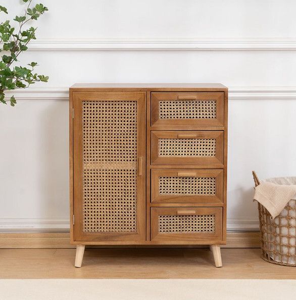 實木藤編餐邊櫃收納櫃（淺胡桃一門四抽【泡桐木】）#H148064865
