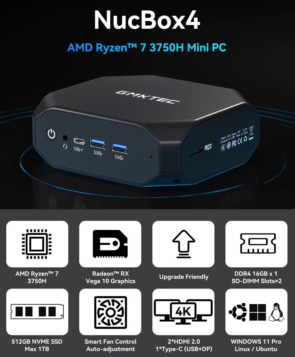 GMKTEC Nucbox 4 4K MINI PC (R7/16+512GB) CS-GNBOX4 - 訊達科技