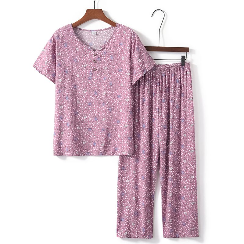 老年人短袖套裝( XL-4XL碼 淺紫色小碎花）【下單後請聯絡客服確認發貨尺碼】F001099101