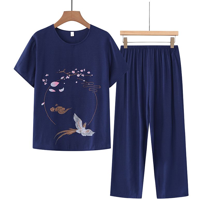 中老年媽媽短袖套裝(XL-4XL碼 藏青色）【下單後請聯絡客服確認發貨尺碼】F001099450