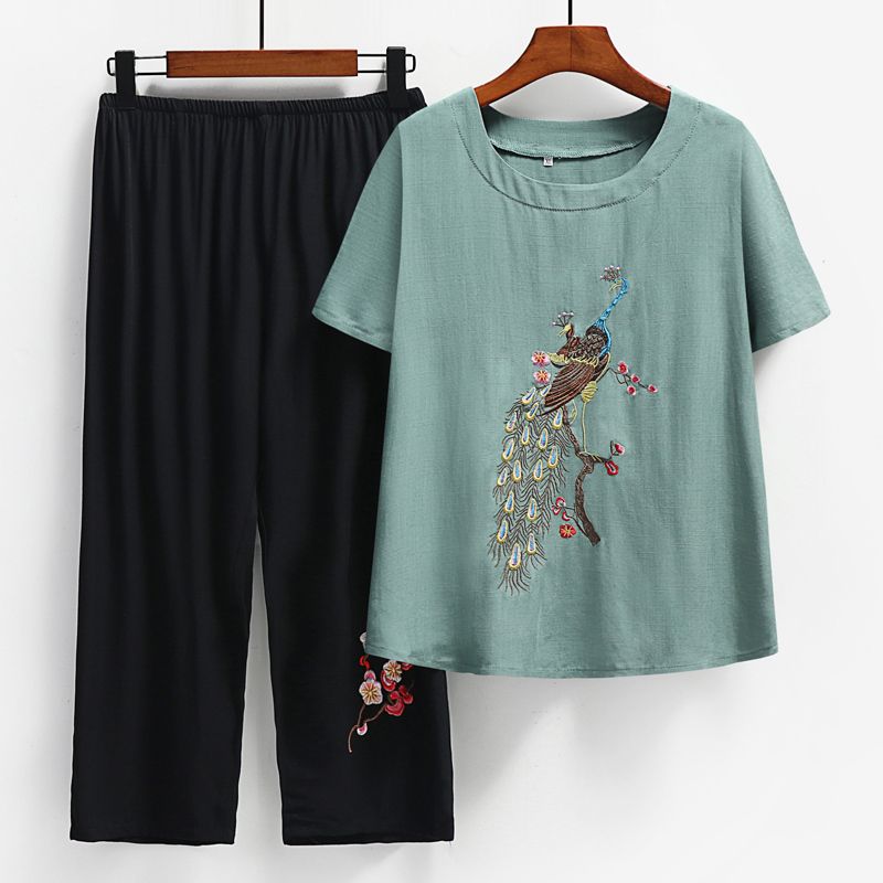 中老年媽媽短袖套裝(XL-4XL碼 綠色）【下單後請聯絡客服確認發貨尺碼】F001099432