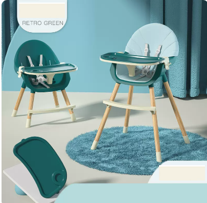寶寶餐椅（豪華款高低可調復古綠【藍色PU皮墊+綠色餐盤】）#N19_045_008